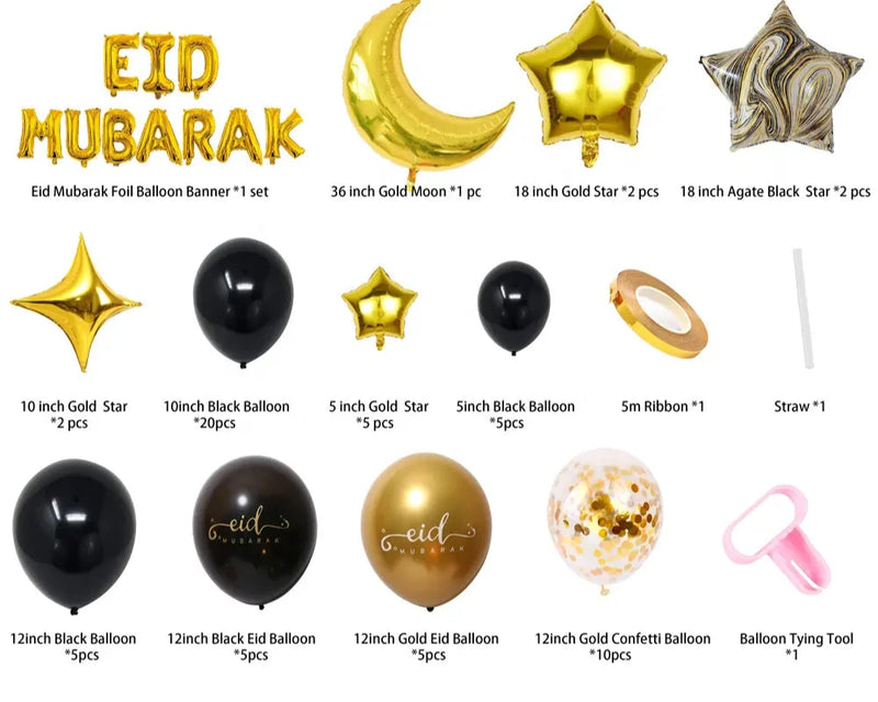 Eid Mubarak - Black And Gold Foil Balloons set