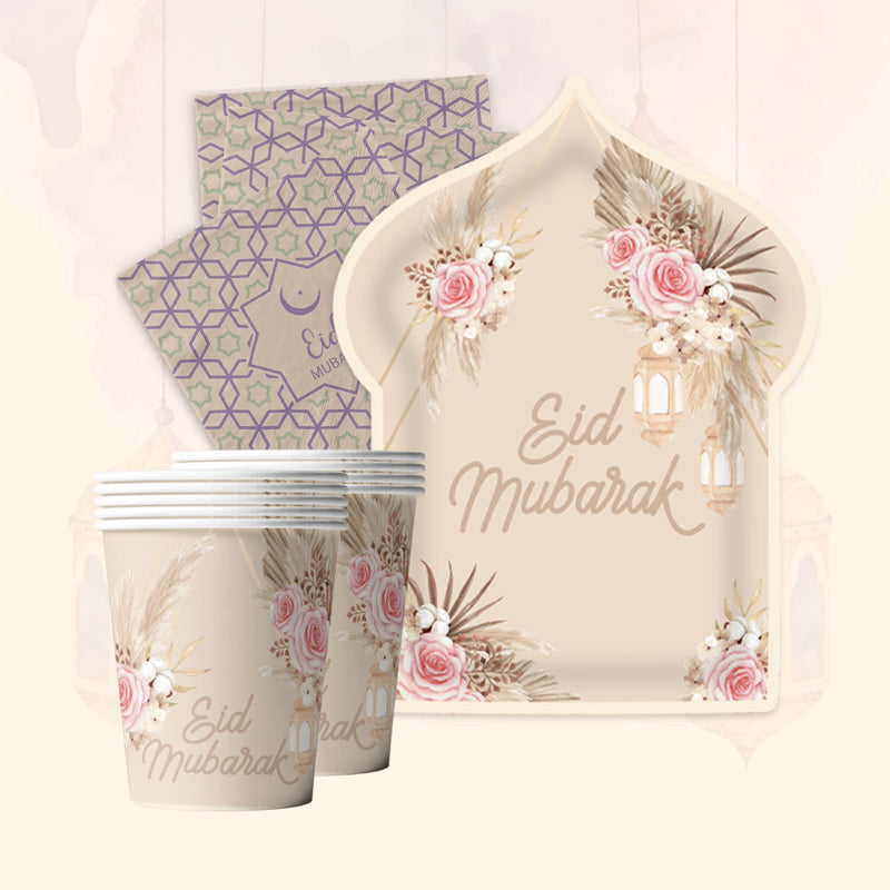 Botanical Eid Mubarak Tableware set - Pink and Beige