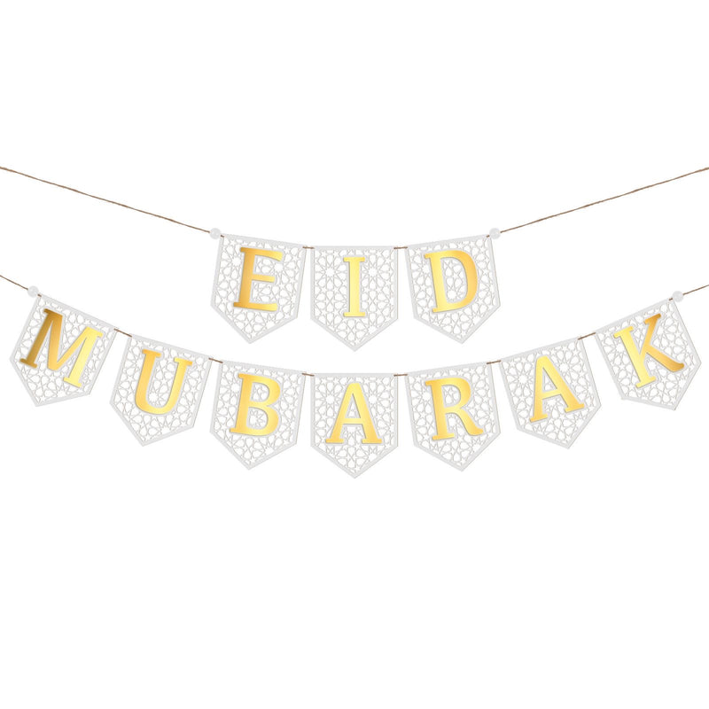 Eid Mubarak Wooden Banner - White and gold