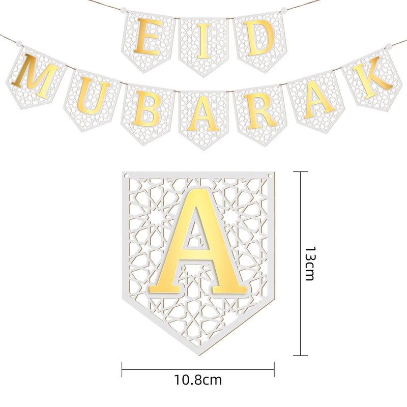 Eid Mubarak Wood Banner - White and gold